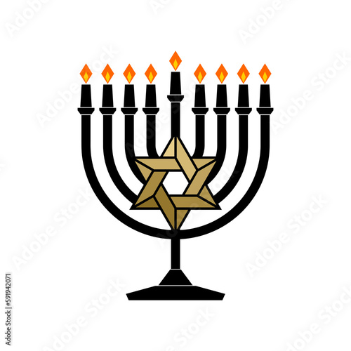 Vector illustration of a traditional Jewish Hanukkah menorah. Holiday candlestick with nine burning candles.