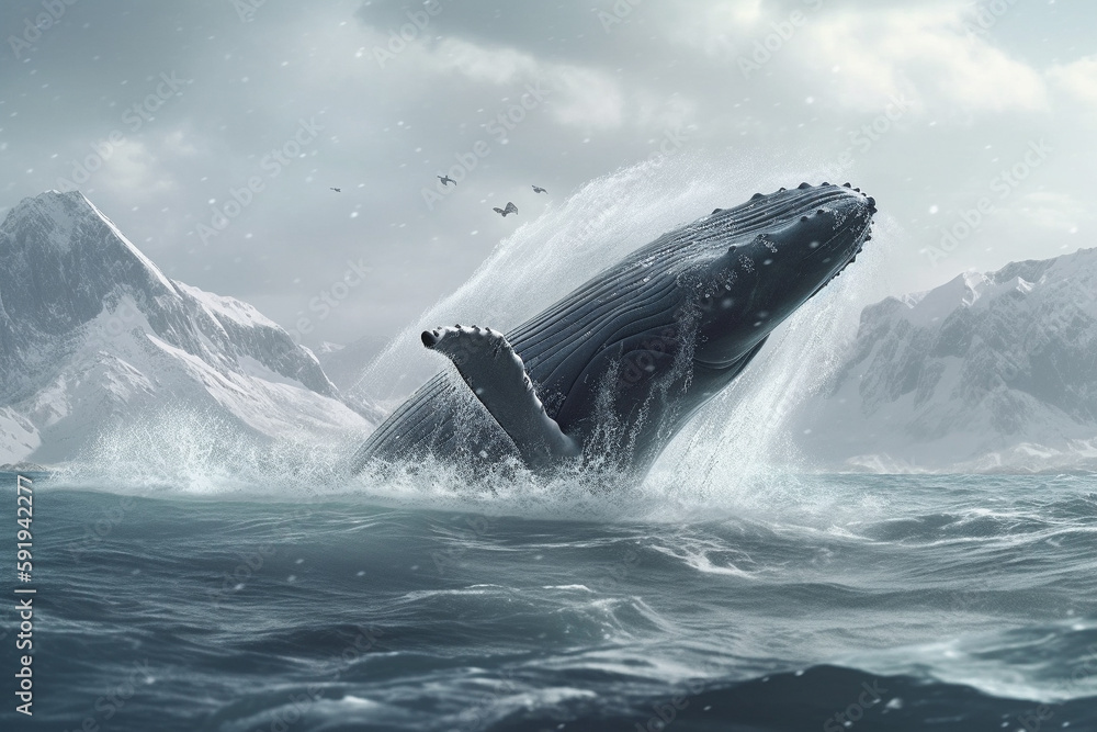 Fototapeta premium Whale jumping out of the arctic waters with glaciers in the background, representing the beauty and power of nature in the Arctic region. Ai generated
