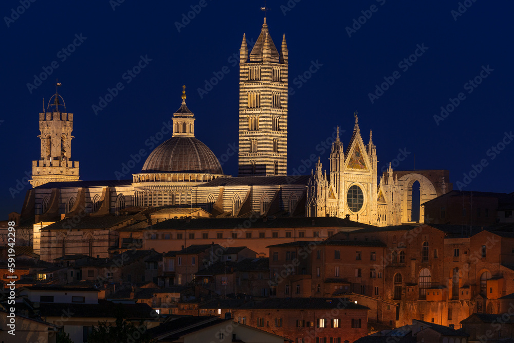 a night view of Siena with the cathedral in the foreground