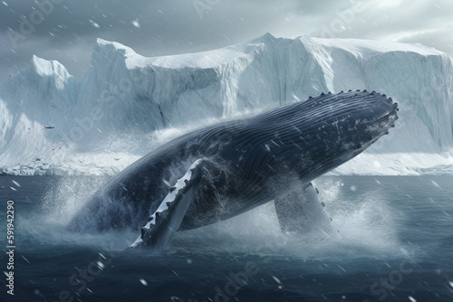 Whale jumping out of the arctic waters with glaciers in the background  representing the beauty and power of nature in the Arctic region. Ai generated