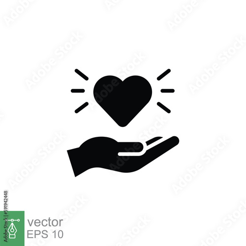Heart on hand icon, family and love sign, solid style. Help concept. People care hand holding taking care. Donate glyph, silhouette symbol. Vector illustration isolated on white background. EPS 10.