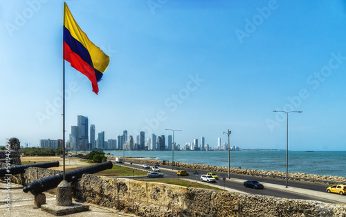 Columbian flag and view of Cartagena in the background