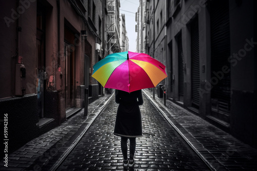 Woman holding a vibrant colorful umbrella on an empty street during a rain. Perfect for use in fashion blogs, lifestyle magazines, or any project related to urban living and style. Ai generated © twindesigner
