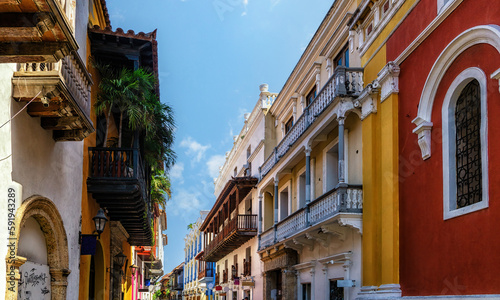 View of a beautiful colonial street in Cartagena.