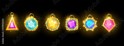 Game necklace amulet set, UI gemstone badge magic medieval jewellery crystal icon vector kit. Vintage wizard fairytale stone, cartoon circle witchcraft award fantasy diamond trophy. Witch magic amulet