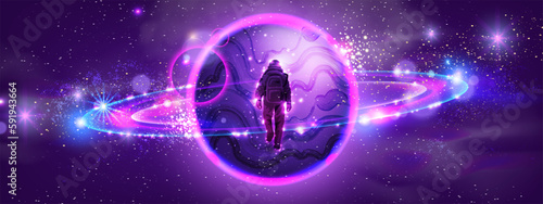 Game space planet background, cartoon purple vector neon alien galaxy banner, cosmic star sky. Universe planetary nebula illustration, astronaut in suit figure, sci-fi atmosphere clipart. Space planet