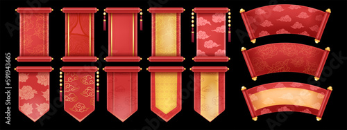 3D Chinese scroll set, banner kit, red vector festive royal asian game UI traditional design element. Luxury celebration China background, spring floral print, silk banner. Chinese scroll collection photo