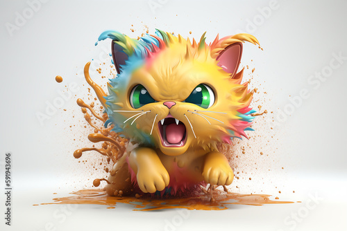 angry yellow cat with a colors splash. Generative Ai