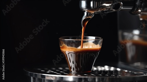 Espresso pouring from coffee machine  close up. Generative AI