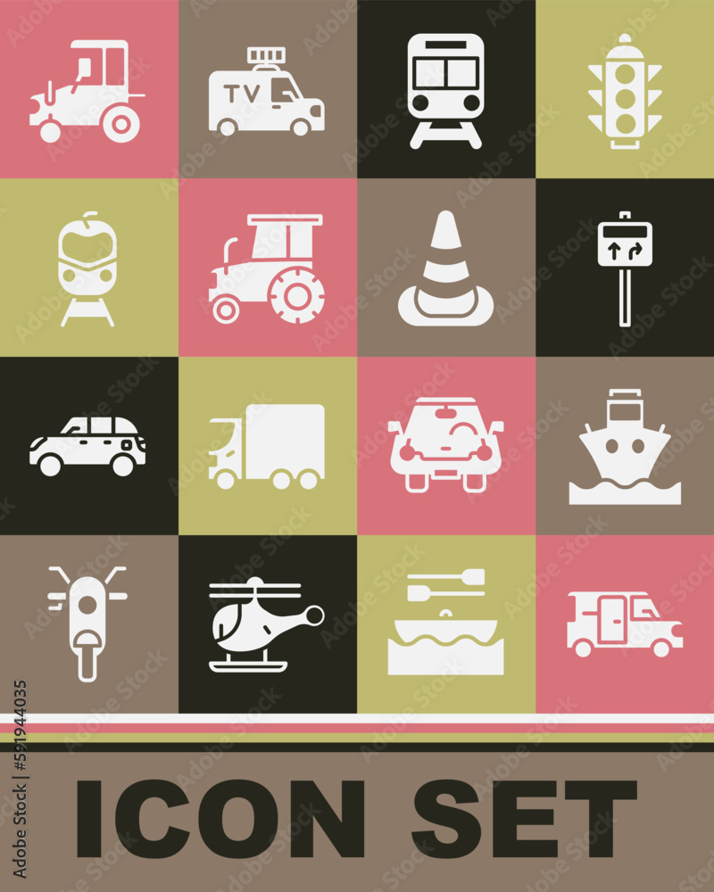 Set Minibus, Cargo ship, Road traffic signpost, Train and railway, Tractor, and Traffic cone icon. Vector
