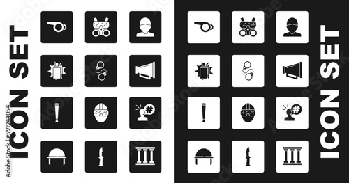 Set Vandal, Handcuffs, grenade, Whistle, Megaphone, Gas mask, Protest and Police rubber baton icon. Vector