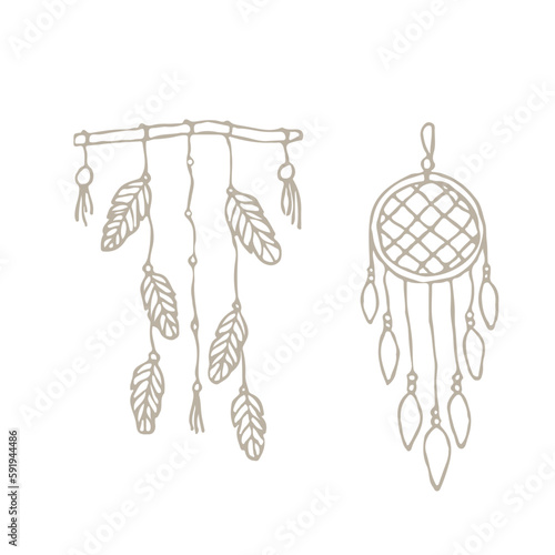 Set macrame boho wall hanging vector illustration isolate on white background. boho doodle. Home element. Cozy house. Handmade knitted wall decoration. Crochet. Rope