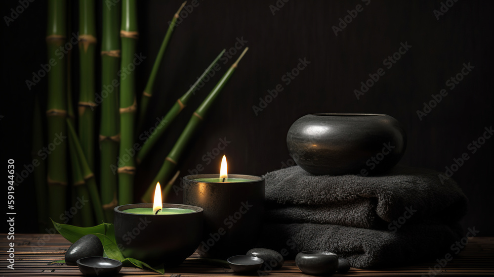 Burning candle on stones with bamboo grove on black background. generative ai