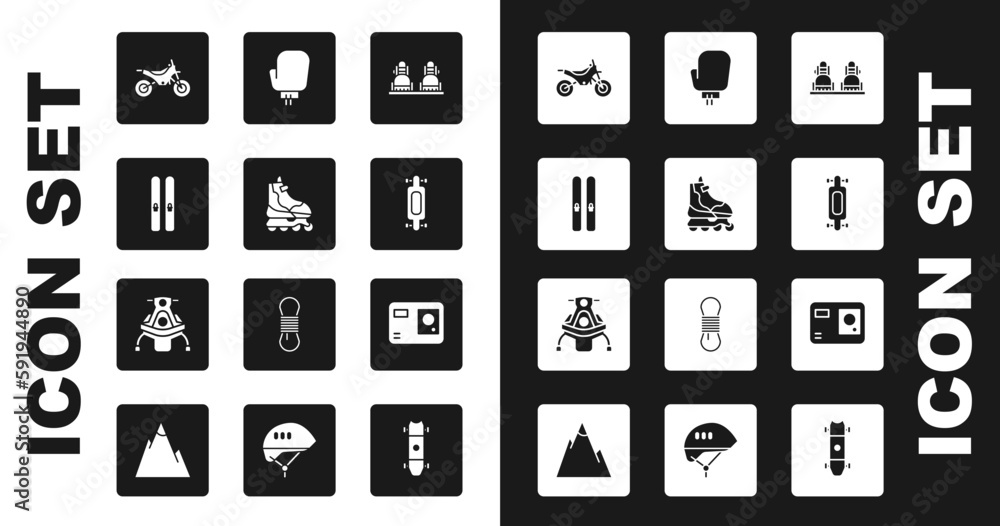 Set Snowboard, Roller skate, Ski and sticks, Mountain bike, Longboard or skateboard, Boxing glove, Action extreme camera and Snowmobile icon. Vector Set Snowboard, Roller skate, Ski and sticks, Mountain bike, Longboard or skateboard, Boxing glove, Action extreme camera and Snowmobile icon. Vector