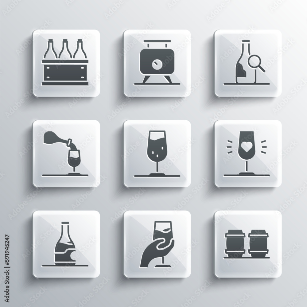 Set Wine tasting, degustation, Wooden barrel for wine, glass, Bottle of, Bottles box and icon. Vector Set Wine tasting, degustation, Wooden barrel for wine, glass, Bottle of, Bottles box and icon. Vector