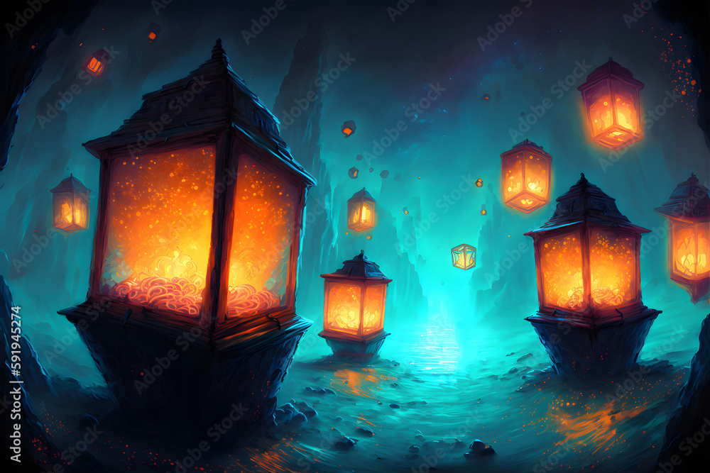 surreal fantasy lantern festival, colorful lanterns glowing brightly on