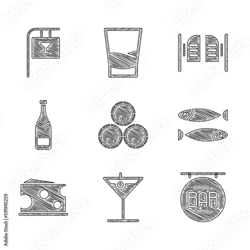 Set Wooden barrels, Martini glass, Street signboard with Bar, Dried fish, Cheese, Champagne bottle, Saloon door and icon. Vector