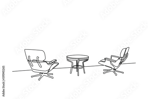 Continuous one line drawing Interior of the living room with sofa and decoration accessories. Living room concept. Single line draw design vector graphic illustration.