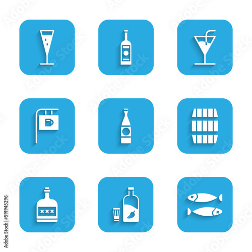 Set Beer bottle, Vodka with pepper and glass, Dried fish, Wooden barrel, Alcohol drink Rum, Street signboard Bar, Cocktail and Glass of champagne icon. Vector
