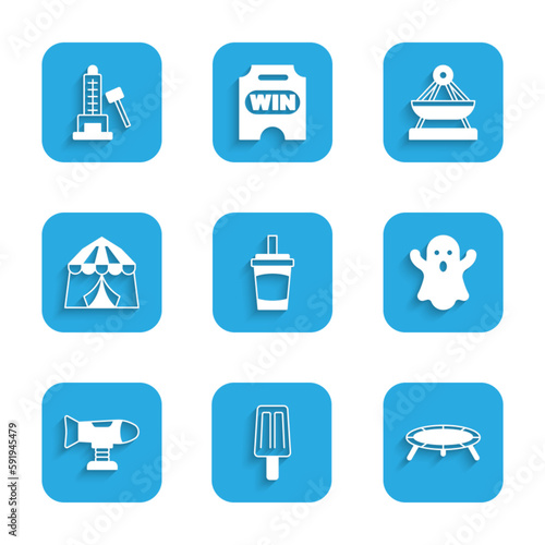 Set Paper glass with water, Ice cream, Jumping trampoline, Ghost, Swing plane, Circus tent, Boat swing and Striker attraction hammer icon. Vector
