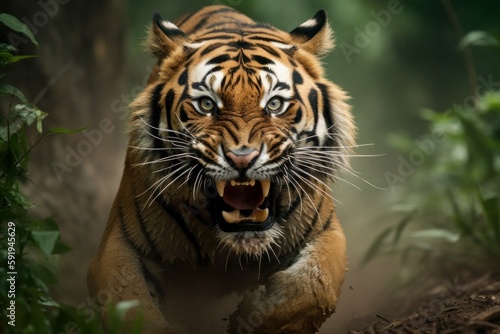 Fototapeta Furious tiger growling and sprinting aggressively, wildlife, action shot, with g