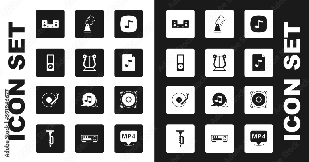 Set Music note, tone, Ancient Greek lyre, player, Home stereo with two speakers, MP3 file document, Microphone, Stereo and Vinyl icon. Vector Set Music note, tone, Ancient Greek lyre, player, Home stereo with two speakers, MP3 file document, Microphone, Stereo and Vinyl icon. Vector