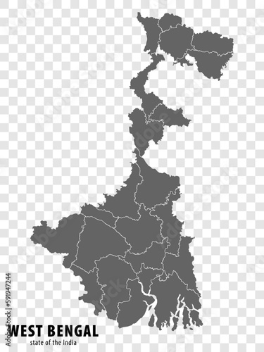 Blank map State  West Bengal of India. High quality map West Bengal with municipalities on transparent background for your web site design, logo, app, UI. Republic of India.  EPS10.