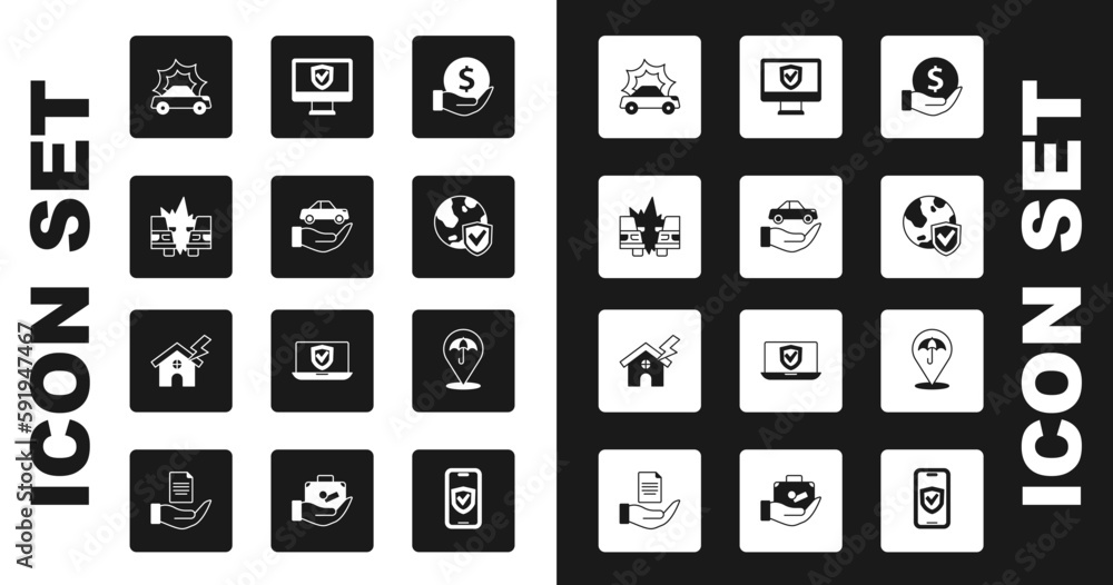 Set Money with shield, Car insurance, accident, Shield world globe, Insurance online, Umbrella and House and lightning icon. Vector Set Money with shield, Car insurance, accident, Shield world globe, Insurance online, Umbrella and House and lightning icon. Vector
