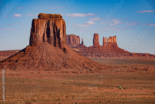Panoramic of Butte in Monument Valley in strong sunlight
