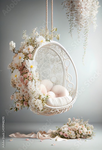White floral swing. Soft pastel backdrop for photography