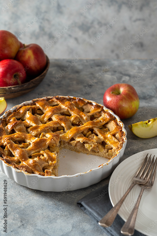 Whole apple pie, homemade fresh fruit pie with red apples. Copy space. Whole apple pie, homemade fresh fruit pie with red apples. Copy space.