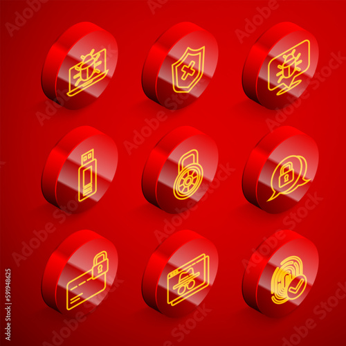Set line System bug on monitor, Shield with cross mark, USB flash drive, Safe combination lock, Cyber security, Credit card and Browser incognito window icon. Vector