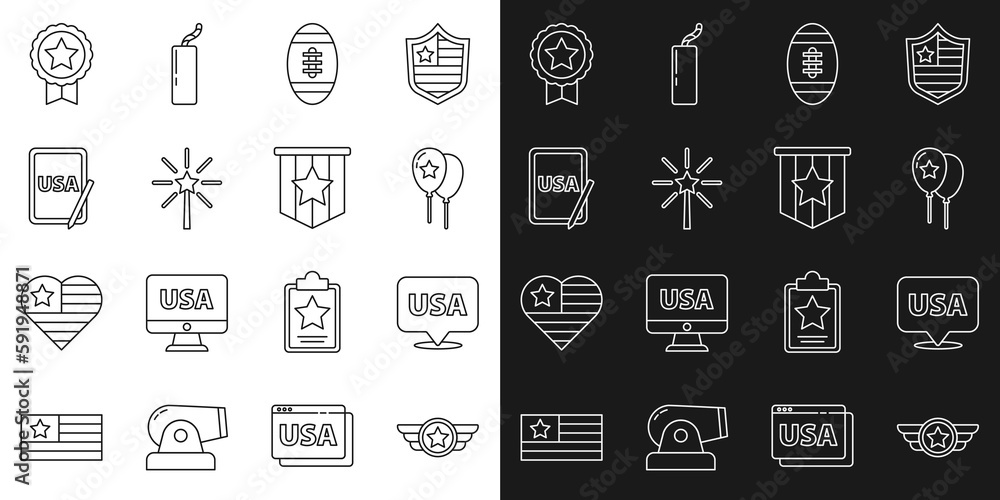 Set line Star American military, USA Independence day, Balloons, Football ball, Firework, graphic tablet, Medal with star and flag icon. Vector Set line Star American military, USA Independence day, Balloons, Football ball, Firework, graphic tablet, Medal with star and flag icon. Vector