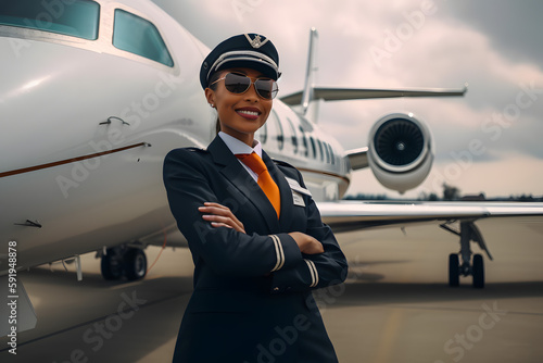 Fototapete Portrait of a confident black african american woman female smile girl in sunglasses and hat cap pilot against the backdrop of a private jet in the hangar