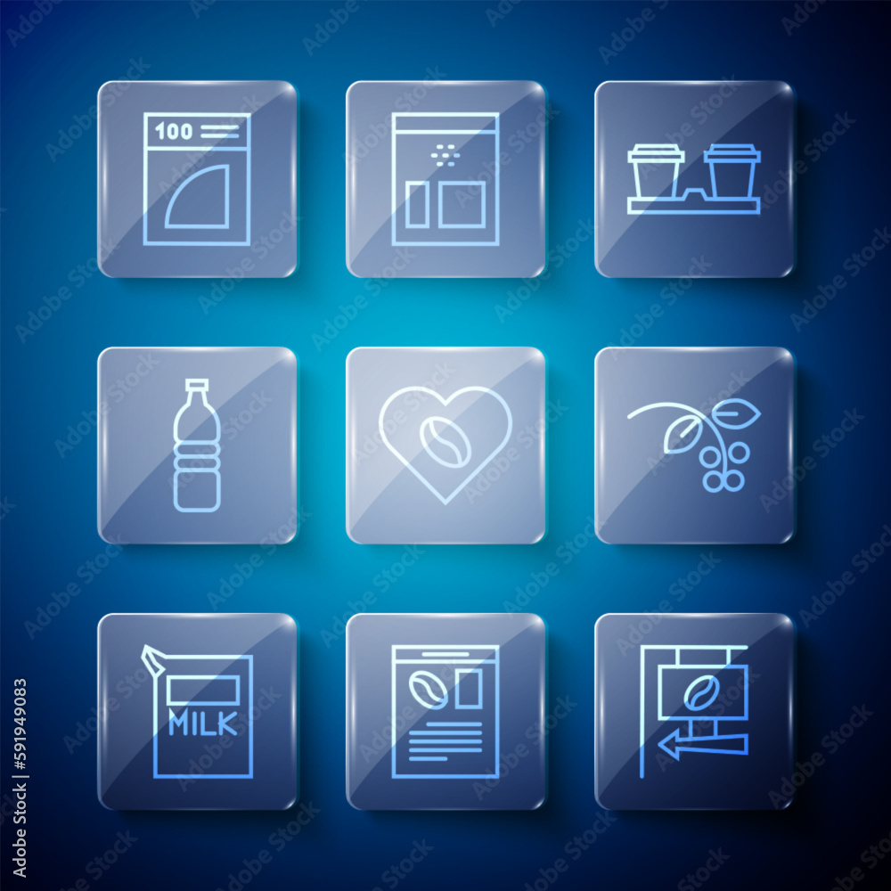 Set line Paper package for milk, Newspaper and coffee, Street signboard, Coffee cup to go, Lovers, Bottle water, filter and bean, branch icon. Vector Set line Paper package for milk, Newspaper and coffee, Street signboard, Coffee cup to go, Lovers, Bottle water, filter and bean, branch icon. Vector