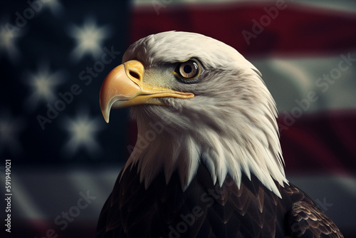 American bald eagle on the background of the flag of the United States. Patriotic illustration of USA symbol. generated by ai