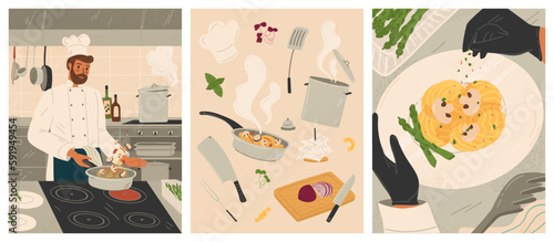 Restaurant kitchen with chef cook dish dinner. Vector posters set. Restaurant inteior, cooking food, pasta and kitchen utensils. Professional chef catering serivce