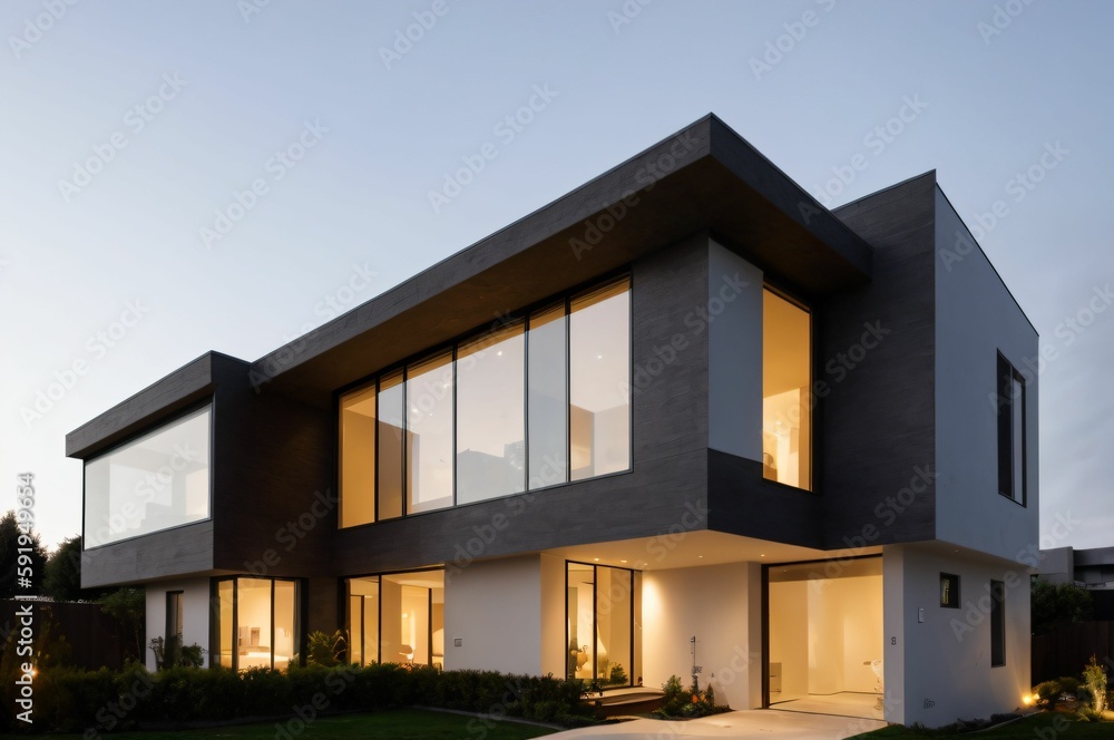 Glass House Concept, White and Black in Color, Dusk ambiance, AI Generated Glass House Concept, White and Black in Color, Dusk ambiance, AI Generated