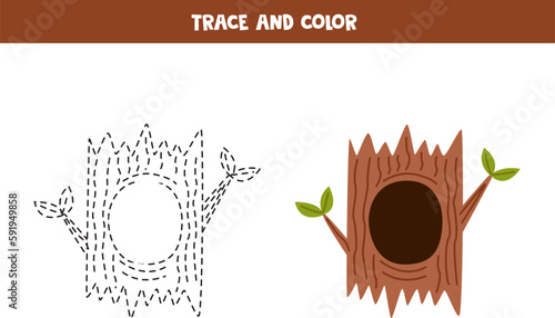 Trace and color cartoon tree hollow. Worksheet for children.