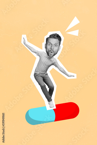 3d retro abstract creative artwork template collage of funny impressed big head guy walking pill isolated painting background