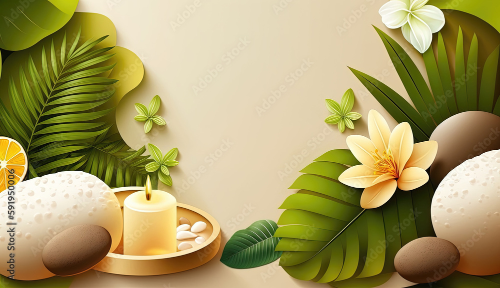 Spa background illustration. Polished stones, fresh leaves, and flickering candles create a soothing and serene atmosphere. Perfect for promoting wellness and self-care. Generative Ai Spa background illustration. Polished stones, fresh leaves, and flickering candles create a soothing and serene atmosphere. Perfect for promoting wellness and self-care. Generative Ai