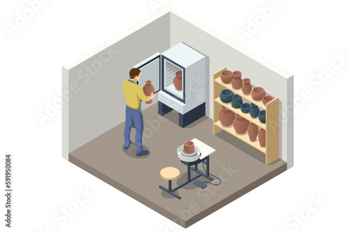 Isometric Pottery workshop. Pottery is the creation of vessels and other objects from clay, which are fired at high temperatures to give them a hard and durable shape. Pottery studio, pottery hobby.