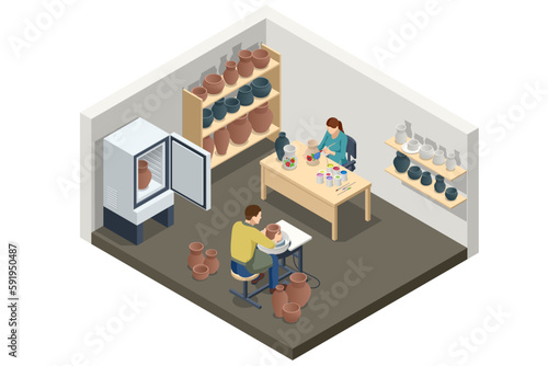 Isometric Pottery workshop. Pottery is the creation of vessels and other objects from clay, which are fired at high temperatures to give them a hard and durable shape. Handcrafted earthenware.