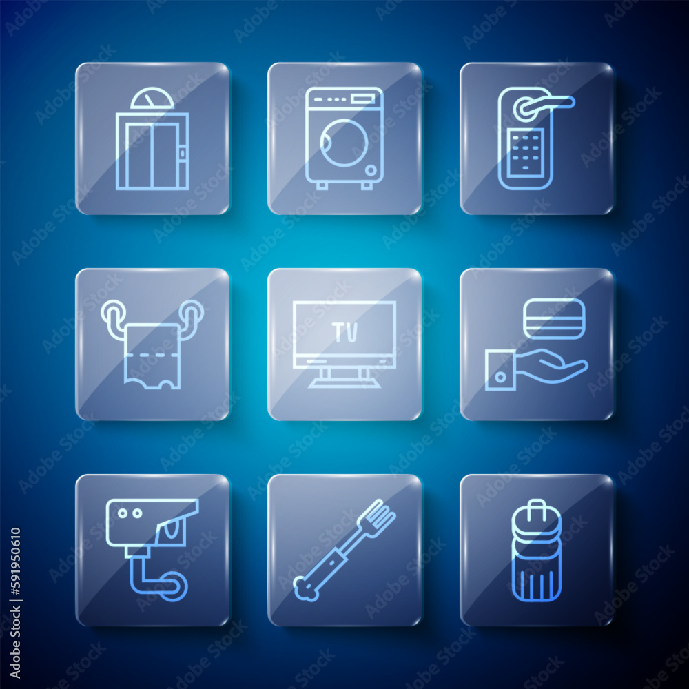 Set line Security camera, Fork, Trash can, Digital door lock, Smart Tv, Toilet paper roll, Lift and icon. Vector Set line Security camera, Fork, Trash can, Digital door lock, Smart Tv, Toilet paper roll, Lift and icon. Vector