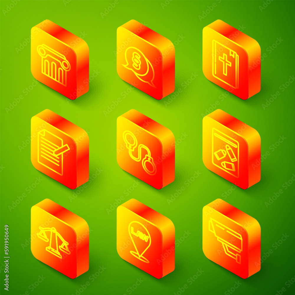 Set line Law pillar, Holy bible book, Document and pen, Handcuffs, Evidence bag bullet, Scales of justice and Location law icon. Vector Set line Law pillar, Holy bible book, Document and pen, Handcuffs, Evidence bag bullet, Scales of justice and Location law icon. Vector