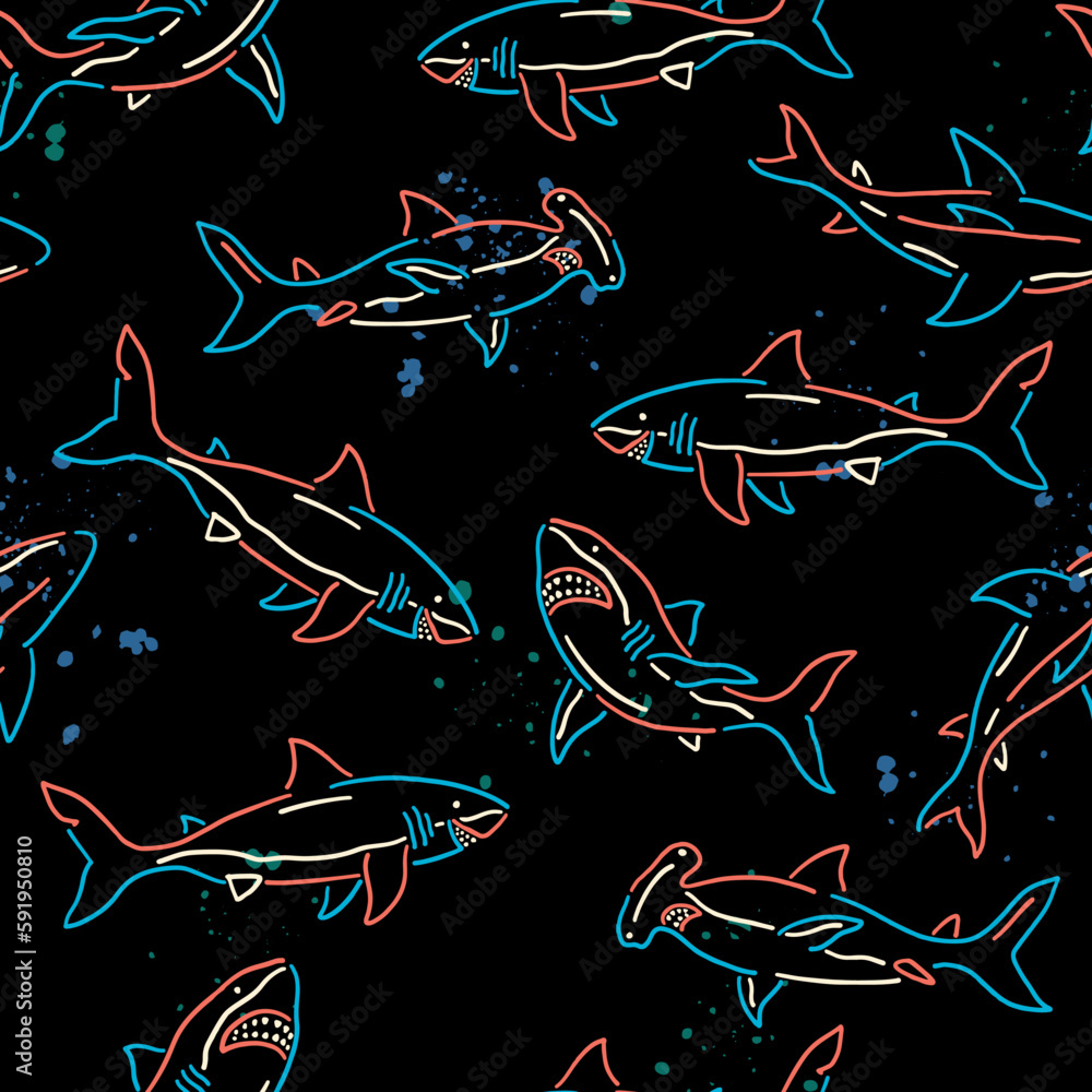 Shark seamless pattern. Hand-drawn vector sharks repeat pattern background.