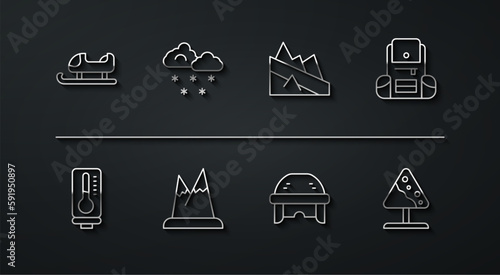 Set line Sled, Meteorology thermometer, Hiking backpack, Hockey helmet, Mountains, Cloud with snow, Road sign avalanches and descent icon. Vector