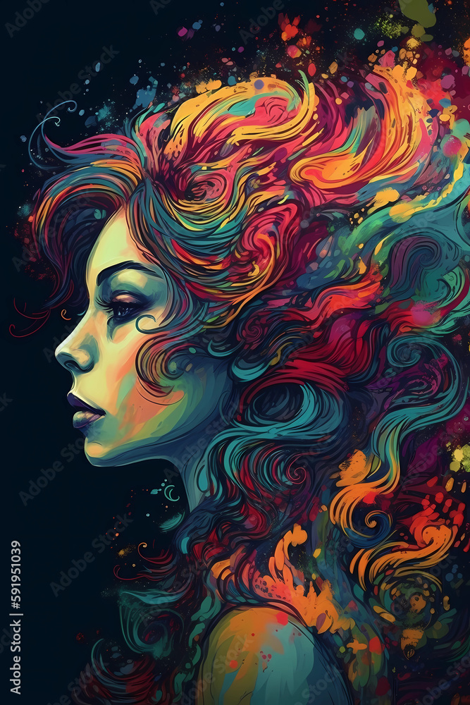 woman with psychedelic background. Generative AI