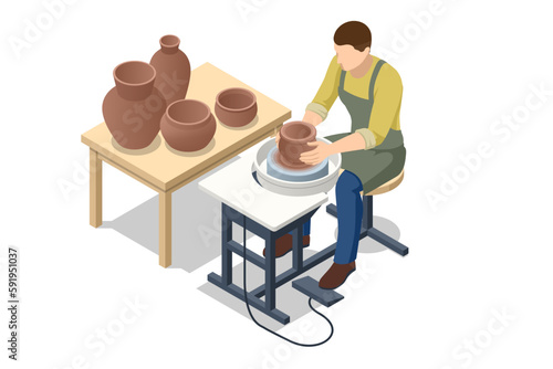 Isometric Pottery workshop. Potter's wheel. Pottery studio, pottery hobby. Handcrafted earthenware. photo