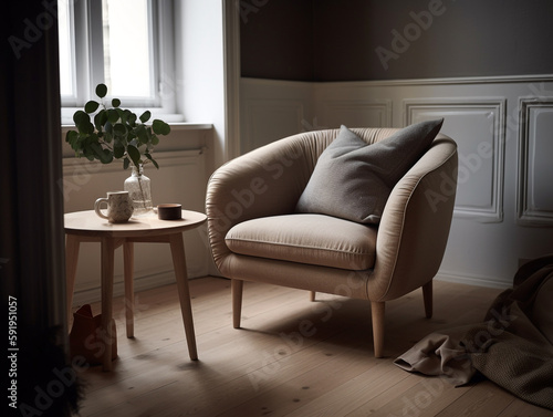 A comfortable and stylish armchair, perfect for reading or watching television. Has a soft cushion and comes in a soft color combination. Sunlight enters the room through the window.